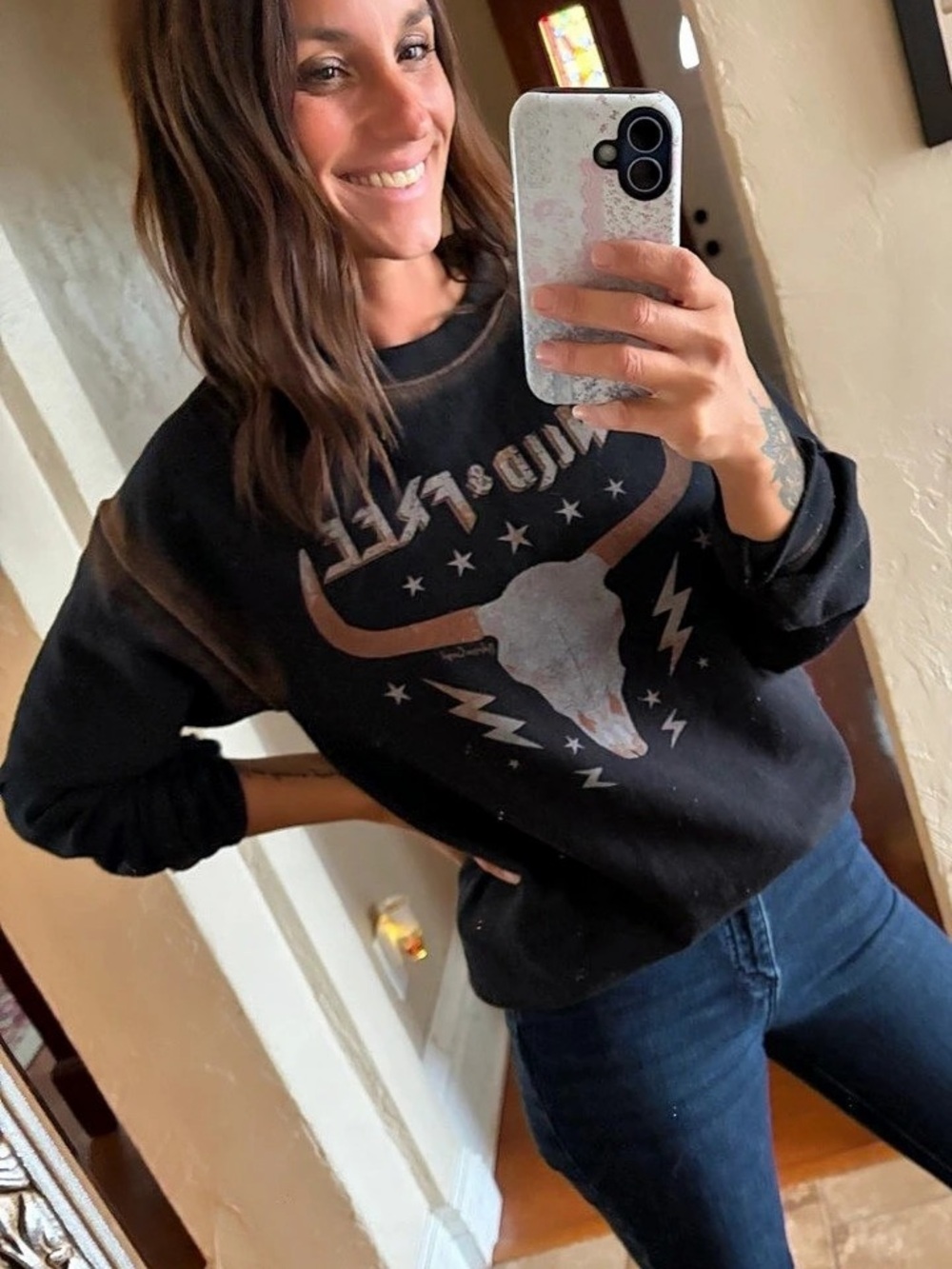 Bohemian Cowgirl Wild and Free Graphic Sweatshirt in Black & White Size S